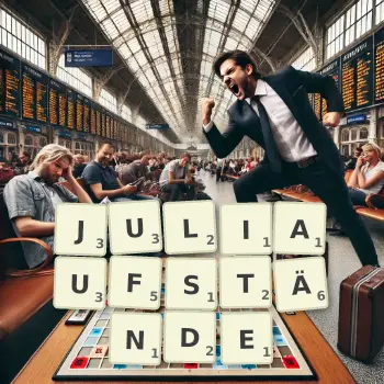 Kreative Illustration für ein Scrabble-Spiel, bei dem das Wort JULIAUFSTÄNDE mit Steinen auf dem Brett gelegt wurde.