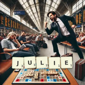 Kreative Illustration für ein Scrabble-Spiel, bei dem das Wort JULIE mit Steinen auf dem Brett gelegt wurde.