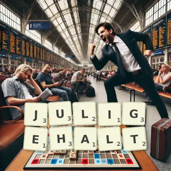 Kreative Illustration für ein Scrabble-Spiel, bei dem das Wort JULIGEHALT mit Steinen auf dem Brett gelegt wurde.