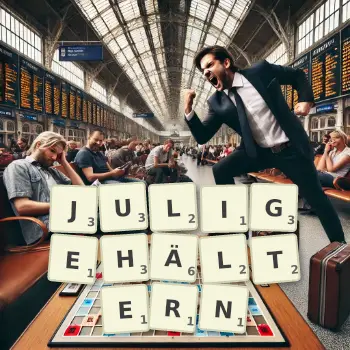 Kreative Illustration für ein Scrabble-Spiel, bei dem das Wort JULIGEHÄLTERN mit Steinen auf dem Brett gelegt wurde.