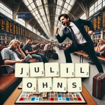 Kreative Illustration für ein Scrabble-Spiel, bei dem das Wort JULILOHNS mit Steinen auf dem Brett gelegt wurde.
