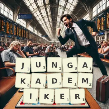 Kreative Illustration für ein Scrabble-Spiel, bei dem das Wort JUNGAKADEMIKER mit Steinen auf dem Brett gelegt wurde.