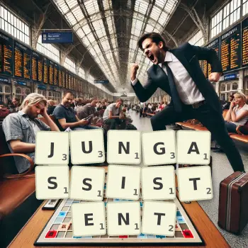 Kreative Illustration für ein Scrabble-Spiel, bei dem das Wort JUNGASSISTENT mit Steinen auf dem Brett gelegt wurde.
