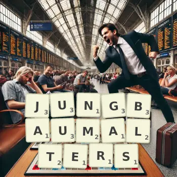 Kreative Illustration für ein Scrabble-Spiel, bei dem das Wort JUNGBAUMALTERS mit Steinen auf dem Brett gelegt wurde.