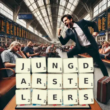Kreative Illustration für ein Scrabble-Spiel, bei dem das Wort JUNGDARSTELLERS mit Steinen auf dem Brett gelegt wurde.