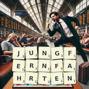 Kreative Illustration für ein Scrabble-Spiel, bei dem das Wort JUNGFERNFAHRTEN mit Steinen auf dem Brett gelegt wurde.