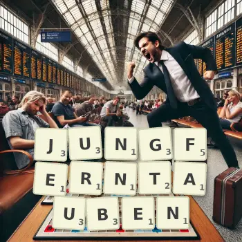 Kreative Illustration für ein Scrabble-Spiel, bei dem das Wort JUNGFERNTAUBEN mit Steinen auf dem Brett gelegt wurde.