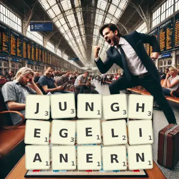 Kreative Illustration für ein Scrabble-Spiel, bei dem das Wort JUNGHEGELIANERN mit Steinen auf dem Brett gelegt wurde.