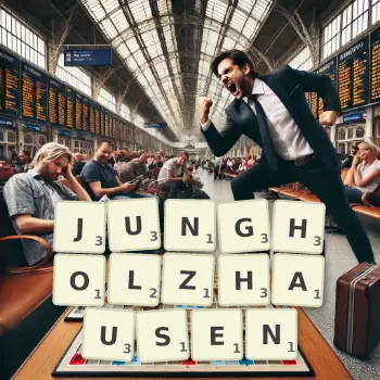 Kreative Illustration für ein Scrabble-Spiel, bei dem das Wort JUNGHOLZHAUSEN mit Steinen auf dem Brett gelegt wurde.
