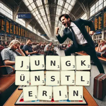 Kreative Illustration für ein Scrabble-Spiel, bei dem das Wort JUNGKÜNSTLERIN mit Steinen auf dem Brett gelegt wurde.