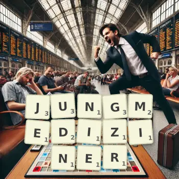 Kreative Illustration für ein Scrabble-Spiel, bei dem das Wort JUNGMEDIZINER mit Steinen auf dem Brett gelegt wurde.