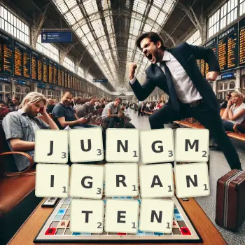 Kreative Illustration für ein Scrabble-Spiel, bei dem das Wort JUNGMIGRANTEN mit Steinen auf dem Brett gelegt wurde.