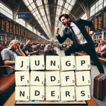 Kreative Illustration für ein Scrabble-Spiel, bei dem das Wort JUNGPFADFINDERS mit Steinen auf dem Brett gelegt wurde.