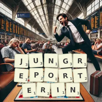Kreative Illustration für ein Scrabble-Spiel, bei dem das Wort JUNGREPORTERIN mit Steinen auf dem Brett gelegt wurde.