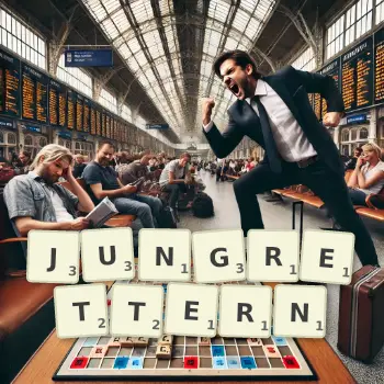 Kreative Illustration für ein Scrabble-Spiel, bei dem das Wort JUNGRETTERN mit Steinen auf dem Brett gelegt wurde.