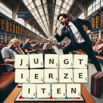 Kreative Illustration für ein Scrabble-Spiel, bei dem das Wort JUNGTIERZEITEN mit Steinen auf dem Brett gelegt wurde.
