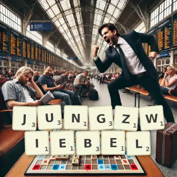 Kreative Illustration für ein Scrabble-Spiel, bei dem das Wort JUNGZWIEBEL mit Steinen auf dem Brett gelegt wurde.