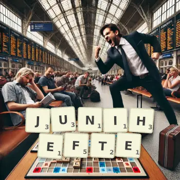 Kreative Illustration für ein Scrabble-Spiel, bei dem das Wort JUNIHEFTE mit Steinen auf dem Brett gelegt wurde.