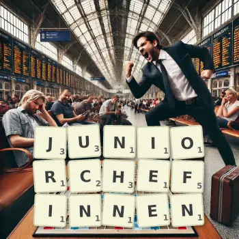 Kreative Illustration für ein Scrabble-Spiel, bei dem das Wort JUNIORCHEFINNEN mit Steinen auf dem Brett gelegt wurde.
