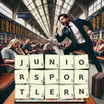 Kreative Illustration für ein Scrabble-Spiel, bei dem das Wort JUNIORSPORTLERN mit Steinen auf dem Brett gelegt wurde.