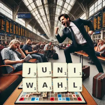 Kreative Illustration für ein Scrabble-Spiel, bei dem das Wort JUNIWAHL mit Steinen auf dem Brett gelegt wurde.
