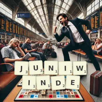 Kreative Illustration für ein Scrabble-Spiel, bei dem das Wort JUNIWINDE mit Steinen auf dem Brett gelegt wurde.