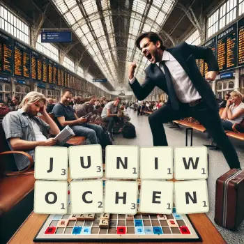Kreative Illustration für ein Scrabble-Spiel, bei dem das Wort JUNIWOCHEN mit Steinen auf dem Brett gelegt wurde.
