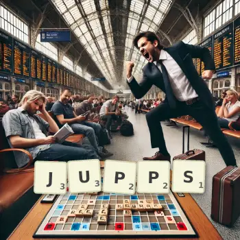Kreative Illustration für ein Scrabble-Spiel, bei dem das Wort JUPPS mit Steinen auf dem Brett gelegt wurde.