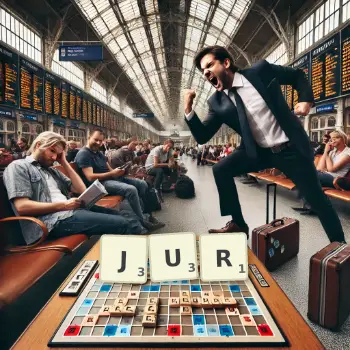 Kreative Illustration für ein Scrabble-Spiel, bei dem das Wort JUR mit Steinen auf dem Brett gelegt wurde.