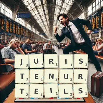 Kreative Illustration für ein Scrabble-Spiel, bei dem das Wort JURISTENURTEILS mit Steinen auf dem Brett gelegt wurde.