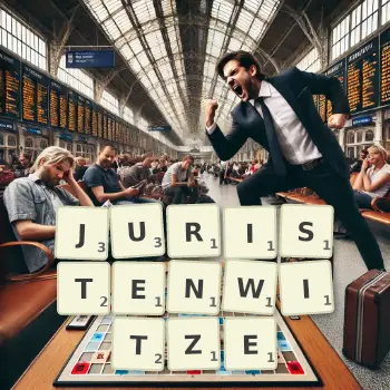 Kreative Illustration für ein Scrabble-Spiel, bei dem das Wort JURISTENWITZE mit Steinen auf dem Brett gelegt wurde.
