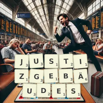Kreative Illustration für ein Scrabble-Spiel, bei dem das Wort JUSTIZGEBÄUDES mit Steinen auf dem Brett gelegt wurde.