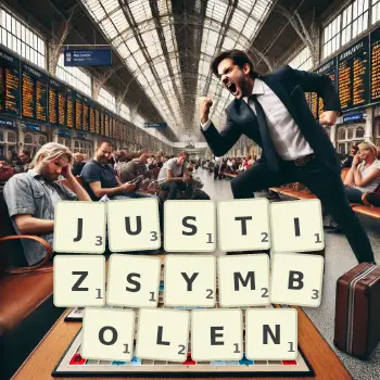 Kreative Illustration für ein Scrabble-Spiel, bei dem das Wort JUSTIZSYMBOLEN mit Steinen auf dem Brett gelegt wurde.