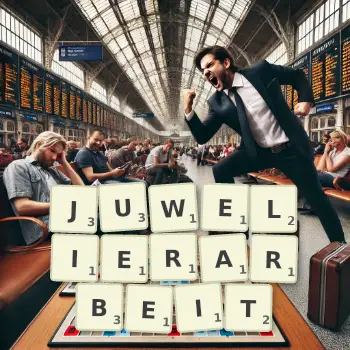 Kreative Illustration für ein Scrabble-Spiel, bei dem das Wort JUWELIERARBEIT mit Steinen auf dem Brett gelegt wurde.