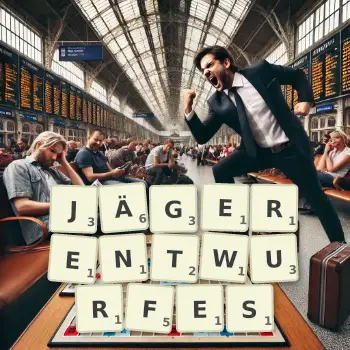 Kreative Illustration für ein Scrabble-Spiel, bei dem das Wort JÄGERENTWURFES mit Steinen auf dem Brett gelegt wurde.