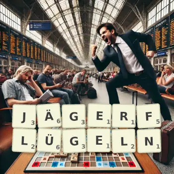 Kreative Illustration für ein Scrabble-Spiel, bei dem das Wort JÄGERFLÜGELN mit Steinen auf dem Brett gelegt wurde.