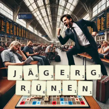 Kreative Illustration für ein Scrabble-Spiel, bei dem das Wort JÄGERGRÜNEN mit Steinen auf dem Brett gelegt wurde.