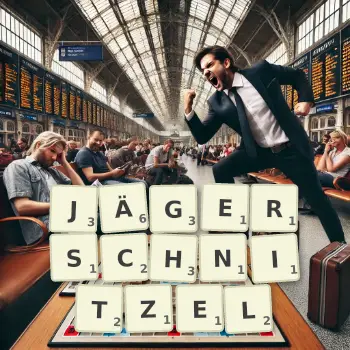 Kreative Illustration für ein Scrabble-Spiel, bei dem das Wort JÄGERSCHNITZEL mit Steinen auf dem Brett gelegt wurde.