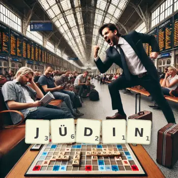 Kreative Illustration für ein Scrabble-Spiel, bei dem das Wort JÜDIN mit Steinen auf dem Brett gelegt wurde.