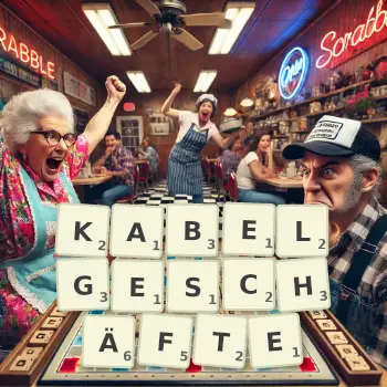 Kreative Illustration für ein Scrabble-Spiel, bei dem das Wort KABELGESCHÄFTE mit Steinen auf dem Brett gelegt wurde.