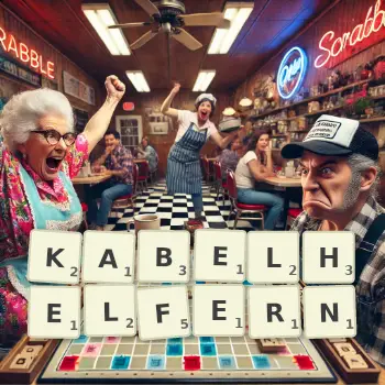 Kreative Illustration für ein Scrabble-Spiel, bei dem das Wort KABELHELFERN mit Steinen auf dem Brett gelegt wurde.