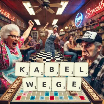 Kreative Illustration für ein Scrabble-Spiel, bei dem das Wort KABELWEGE mit Steinen auf dem Brett gelegt wurde.