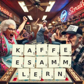 Kreative Illustration für ein Scrabble-Spiel, bei dem das Wort KAFFEESAMMLERN mit Steinen auf dem Brett gelegt wurde.
