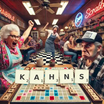 Kreative Illustration für ein Scrabble-Spiel, bei dem das Wort KAHNS mit Steinen auf dem Brett gelegt wurde.