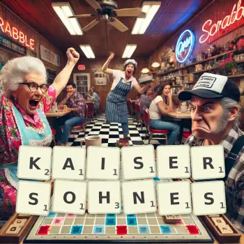 Kreative Illustration für ein Scrabble-Spiel, bei dem das Wort KAISERSOHNES mit Steinen auf dem Brett gelegt wurde.