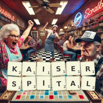 Kreative Illustration für ein Scrabble-Spiel, bei dem das Wort KAISERSPITAL mit Steinen auf dem Brett gelegt wurde.