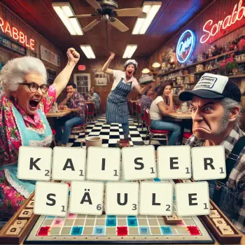 Kreative Illustration für ein Scrabble-Spiel, bei dem das Wort KAISERSÄULE mit Steinen auf dem Brett gelegt wurde.