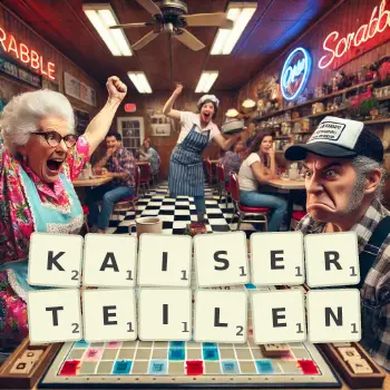 Kreative Illustration für ein Scrabble-Spiel, bei dem das Wort KAISERTEILEN mit Steinen auf dem Brett gelegt wurde.
