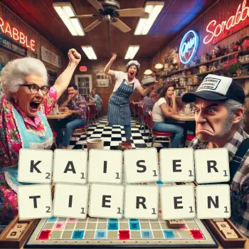 Kreative Illustration für ein Scrabble-Spiel, bei dem das Wort KAISERTIEREN mit Steinen auf dem Brett gelegt wurde.