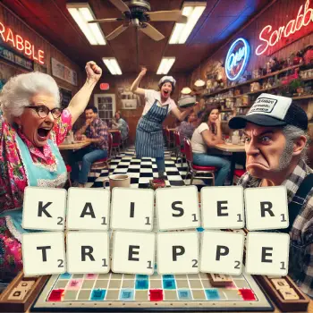 Kreative Illustration für ein Scrabble-Spiel, bei dem das Wort KAISERTREPPE mit Steinen auf dem Brett gelegt wurde.
